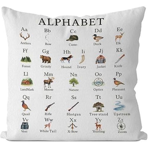 IWXYI Hunting Alphabet Kids Pillow Cover 18x18, Hunting Nursery Decor, ABC Alphabet Educational Hunter Decorative Throw Pillow Covers for Toddler Kids Boys Bedroom Nursery Classroom