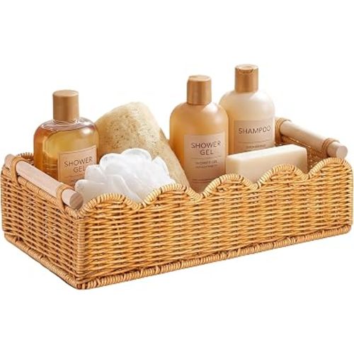 Faux Rattan Scalloped Toilet Tank Basket, Water Proof Handwoven Bathroom Organizer and Storage with Wooden Handles, Neutral Home Decor for Shelf, Countertop, Vanity