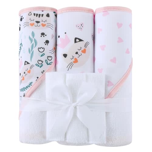 Viviland 6 Pcs Hooded Baby Towels and Washcloths Set, Super Gentle Bath Towels for Newborn Face & Body, Absorbent Wash Cloth for Infants Girls, Flower-Cat Pattern, 28 x 28 inch