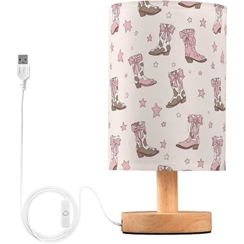 Wusikd Coquette Bows Table Lamp Cowgirl Boots LED Desk Light USB Nightstand Lamp with Non Slip Wood Base & Eye-Friendily Lampshade for Living Room Bedroom Dorm Home Office Desk Decor