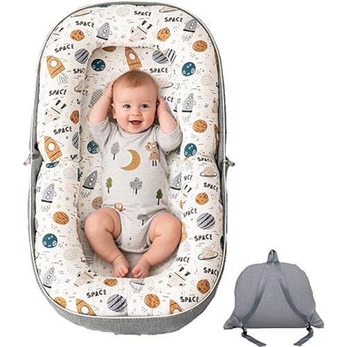 Baby Lounger, Foldable Infant Nest with Soft Memory Foam Mat, Cover with Adorable Pattern, Converts to Backpack for Easy Travel, 0-12 Months, Rocket