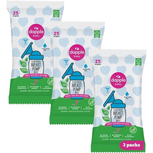 Amazon.com : Dapple Baby Breast Pump Wipes, Powered by Plants, Hypoallergenic, Removes Milk Residue, No Rinse, Fragrance Free, 25 Count (Pack of 3) : Baby