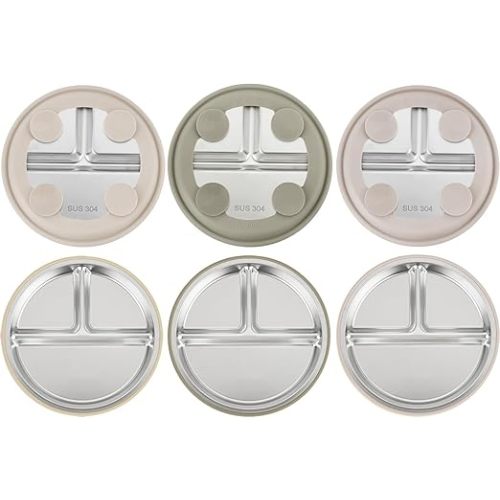 PandaEar 3 Pack Stainless Steel Baby Suction Plates, Divided Toddler Plate for Baby Led Weaning Supplies, Non-Slip Toddler Baby Feeding Set Dishwasher Safe (Linen/Brown/Tan)