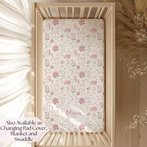 Pink Hydrangea baby nursery decor Personalized baby crib sheets floral crib bedding set for cribs baby girl blanket wildflower nursery girl