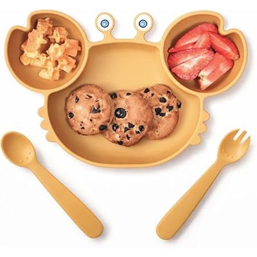 ROCCED Suction Plates for Baby, Silicone Plates with Suction Divided, Baby Spoon Fork Set for Toddler Baby Dishes Kids Utensils-Crab Dusty Blue