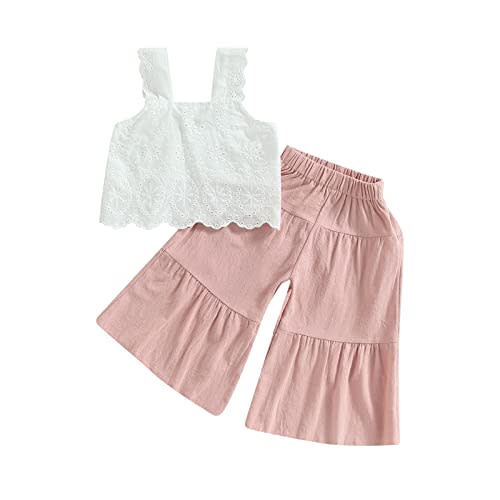 VISGOGO Toddler Baby Girls Summer Outfit Sleeveless Lace Embroidery Clothes Toddler Kids Tank Tops Bell-bottom Pants Set