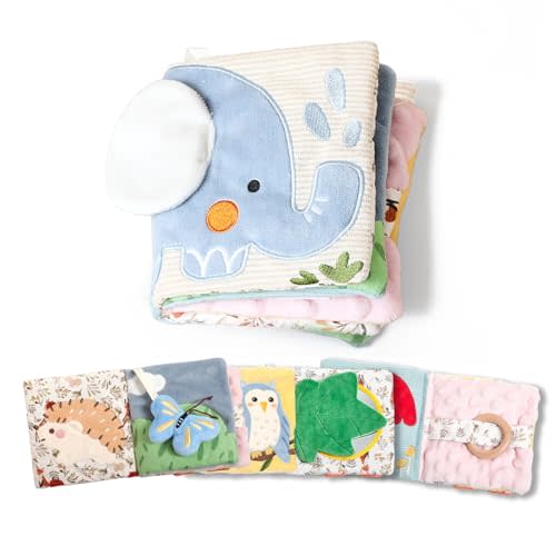 let's make Elephant Soft Baby Books for 0-6-12 Months, Montessori Sensory Tummy Time Toys with Crinkle & Mirror, Teething Toy, Washable Newborn for Boys Girls