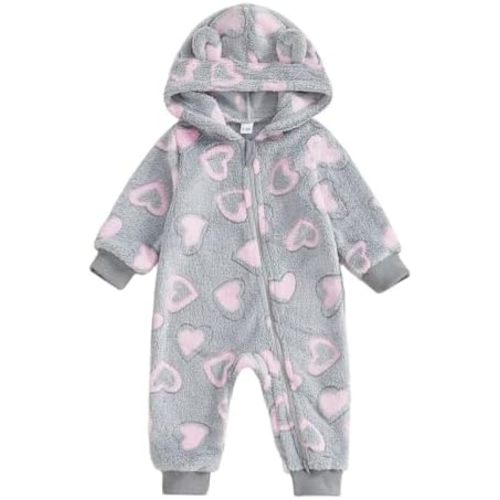 Newborn Baby Girl Warm Clothes Heart Hoodie Romper Ear Zipper Jumpsuit Girls Valentines Day Outfit Fall Winter