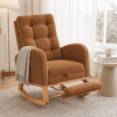 UHOMEPRO Upgraded Rocking Chair for Nursery, Modern Teddy Glider Rocker Chair with Footrest, High Backrest, Solid Wood Frame, Camel