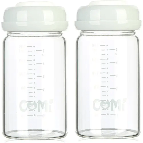 COMI Wide Neck Glass Breastmilk Collection n Storage Bottle, 6oz with Screw Ring Sealing Disk; Re-markable Sealing Disc. BPA Free, Fits Breast Pumps & Nipples (2 Pack Gray Lids)