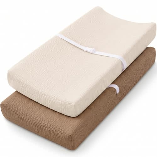 Muslin Changing Pad Cover, Baby Diaper Changing Table Pad Sheets, Cotton Soft Breathable Fitted, Boys Girls Neutral 2 Pack (Brown＆Beige)