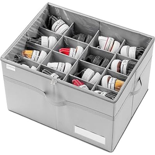 LUVHOMEE Shoe Organizer for Closet, Fits 16 Pairs, Large Shoe Box Storage Containers, Clear Foldable Shoe Storage Bins w/Bottom Support, Space Saving Shoes Holder w/Reinforced Handles, Gray