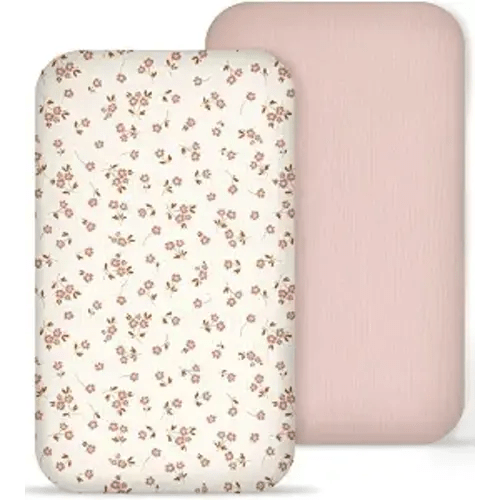 Muslin Bedside Bassinet Sheets 2 Pack, 33x20 Fitted Ultra Soft & Breathable Bedside Sleeper Sheets, Ideal for Baby Girl and Boy, Perfect for Newborns (Floral & Pink)
