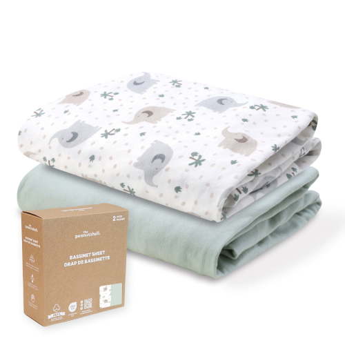 The Peanutshell Organic Cotton Bassinet Sheets, Bed Sheets for Baby Boys and Girls, Elephant Pale Sage, 2 Pack