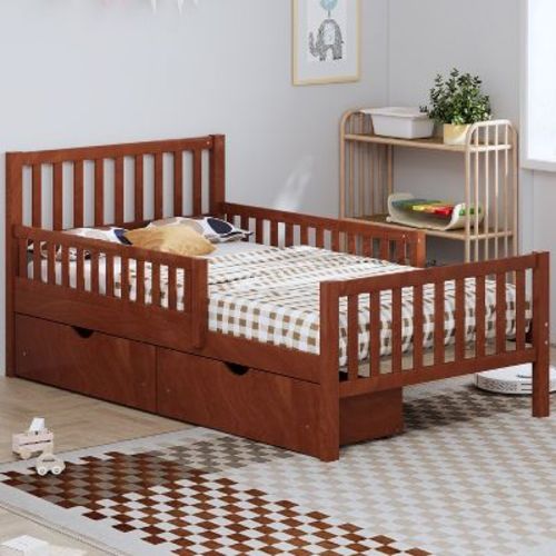 Merax Classic Solid Wood Platform Bed with Dual Guardrails & Two Underbed Storage Drawers, Twin, Walnut