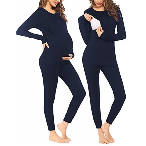 Ekouaer Maternity & Nursing Thermal Underwear Set Striped Knit Long Johns Set Top & Bottom Base Layer for Pregnant Women