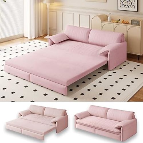 66" Futon Sofa Bed Queen Size, Pull Out Bed, 3-in-1 Convertible Sleeper Sofa with Side Pocket, Modern Velvet Futon Couch for Living Room, Small Space, Apartment, Bedroom, Pink