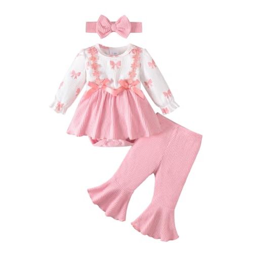 Renotemy Newborn Baby Girl Clothes Fall Infant Outfit for Girls Preemie-12M | Cute Preemie Baby Clothes Girl,Winter Newborn Going Home Outfits Gift,Ruffle Romper Dress,Bell Bottom Pants Set with Headband