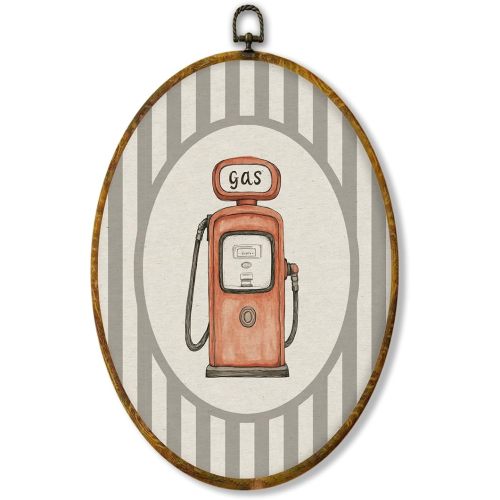Hiuwevt Vintage Gas Pump Oval Wall Art Decor, Boys Room Framed Canvas Prints, Garage Neutral Striped Oval Wall Hanging Decor for Kids Boy Nursery Bedroom Playroom Decorations, 8.6x11.4 Inches