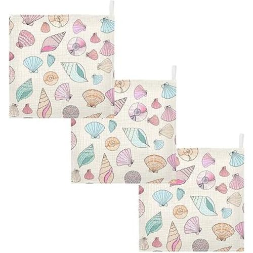 Colorful Seashells Baby Washcloths 3 Pack Soft Face Towel Absorbent Bath Wash Cloths for Newborn Infants Kids Girls Boys, 12x12in