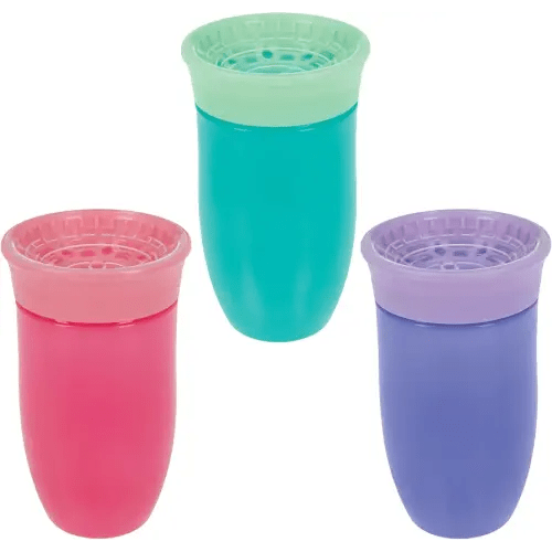 Nuby Wonder Cup - Spill-Proof Toddler Sippy Cups - (3 Pack) 10 oz - Sip from All Sides - Leak Resistant - Spoutless Transition Cup - Aqua/Purple/Pink