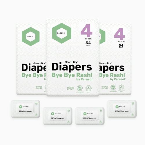 Parasol Clear+Dry Disposable Diapers and Clear+Pure Wipes, RashShield Protection, Size 4 (20-32 lbs), Diaper Bundle of 162 Diapers & 240 Wipes