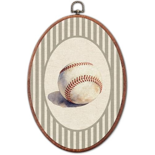 Vintage Baseball Nursery Oval Wall Art Framed, Grey Striped Watercolor Canvas Prints, Unique Decoration Hanging Wall Decor for Kids Toddler Room Bedroom Playroom, 8.6x11.4 Inch