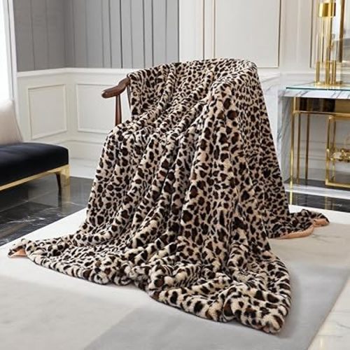 Velboa Super Soft Leopard Blanket Double Layer Bedding Thick Sofa Cover Furry Fuzzy Fax Fur Throw Blanket (Khaki,51 x 63 Inch)