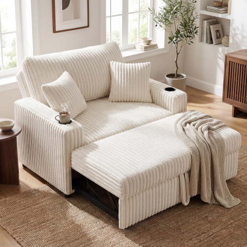 Marrber Beige 52” 3-in-1 Convertible Pull-Out Sofa Bed Sleeper Loveseat with Reclining Backrest, Built-in Cup Holders, Pet-Friendly Corduroy Sofa for Small Space