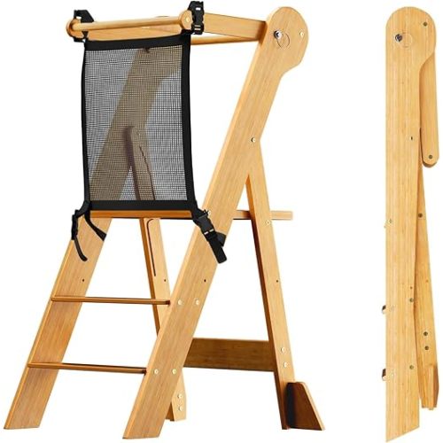 COSYLAND Foldable Toddler Kitchen Stool Helper - Natural