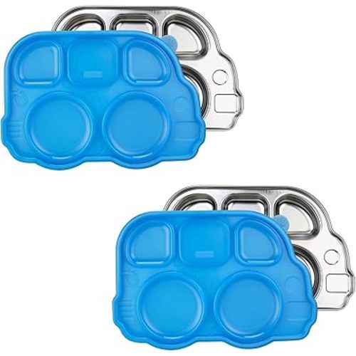 Innobaby Stainless Bus Plate with Sectional Lid, The Original, Leak-Resistant Divided Platter, Mom Invented Fun Shape Dish Din Din Smart for Babies, Toddlers and Kids, BPA Free Plate, Blue, 2 Pack