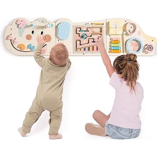 ROBUD Elephant Montessori Busy Board, 12-in-1 Activity Wall Busy Board, Montessori Sensory Wall Panel for Boys & Girls, Toddler Learning Activity Center for Playroom, Nursery, Beige