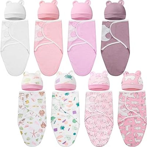 8 Pack Preemie Swaddle Blanket Wrap with Hat Set for 0-6 Months Cotton Newborn Swaddle Preemie Hats Wearable Premature Receiving Blankets Cap for Newborn Boys Girls(Girl)