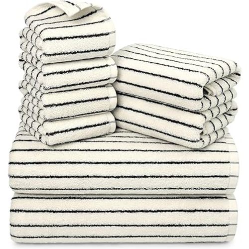 Jacquotha 8 Piece Black and Ivory Towel Set, Super Soft & Absorbent Cotton Striped Towels for Bathroom Decor, 2 Bath, 2 Hand, 4 Washcloths