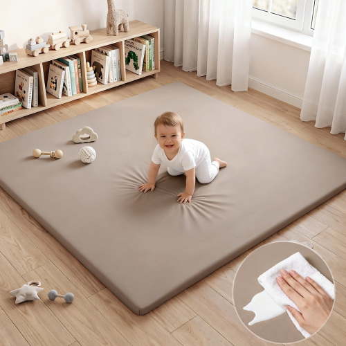 Baby Play Mat, Caveen Vegan Leather Baby Playpen Mat, Thicken Soft Crawling Mat for Infant, Wipe-Clean, 50"x 50", Taupe
