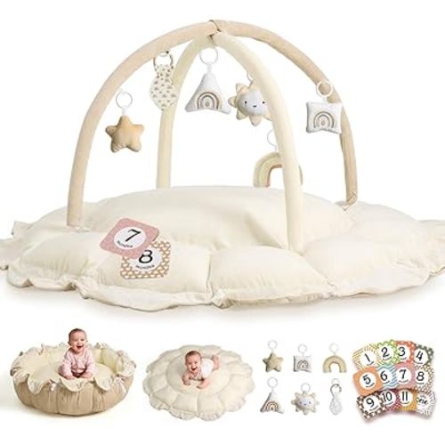5-in-1 Thick & Plush Baby Play Gym, Baby Play Mats for Floor, Tummy Time Mat with 6 Toys, Convertible Stage-Based Developmental from Babies to Toddlers, No Ball Included, Cream