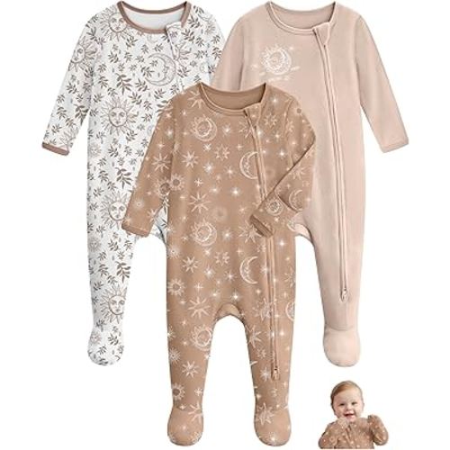 Unnivoll Baby Sleepers 100% Cotton Baby Pajamas Baby Boys Girls Clothes | Footie Pajamas for Newborn 0-3 3-6 6-9 Months, 3Pcs Soft Infant Footed PJs with Mitten Cuffs, Two Way Zipper, Long Sleeve