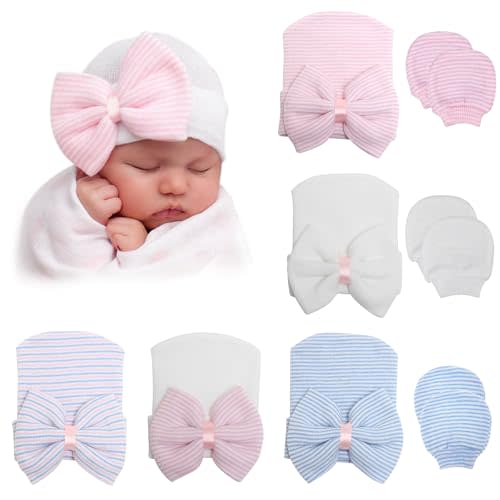 BQUBO Newborn Baby Caps Mittens for Baby Girls Baby Hats Scratch Mitten Gloves Set Soft Hospital Hat Infant Hats with Bow