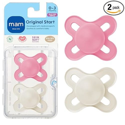 MAM Original Start Matte Baby Pacifiers 0-3 Months, BPA-Free Skin Soft Silicone Nipple, Developed with Medical Experts Specially for Smaller Newborn Mouths, Easy to Clean, 2 Pk with Sterilizer Case