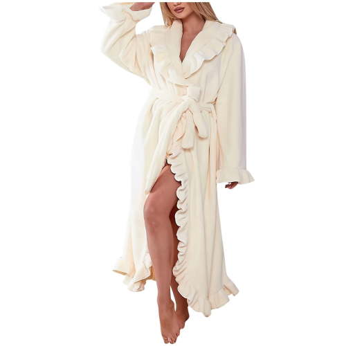 Women's Ruffle Trim Fleece Bathrobe Warm Soft Long Shower Robe Long Sleeve Belted Dressing Gown Loungewear