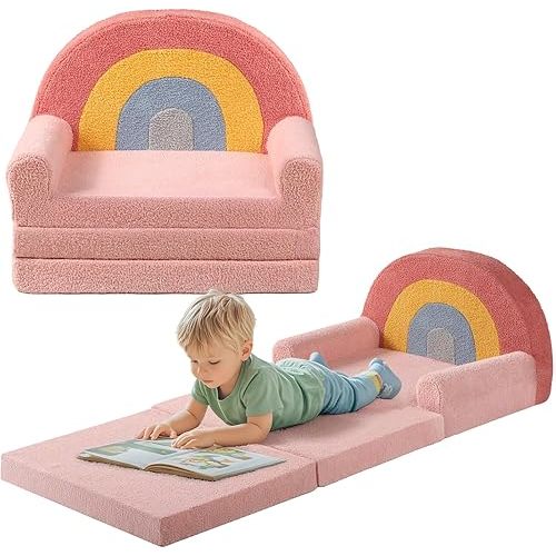 little dove Extra Wide Soft Toddler Couch Fold Out, 2-in-1 Kids Couch, Convertible Kids Sofa to Lounger, Comfy Toddler Chair, Kid Furniture for Playroom, Ideal Gifts for Boys & Girls, Pink