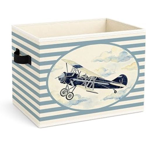 Airplane Storage Bin, Blue Stripe Foldable Fabric Basket