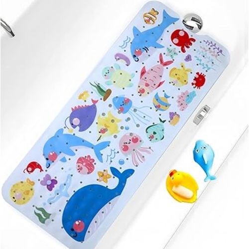 Baby Bath Mat for Tub Non Slip Kids Bathtub Mat Extra Long 40X16 Inch Toddler Bath Tub Shower Mat Anti Slip with Suction Cups & Drain Holes, Machine Washable (Sea Fish)