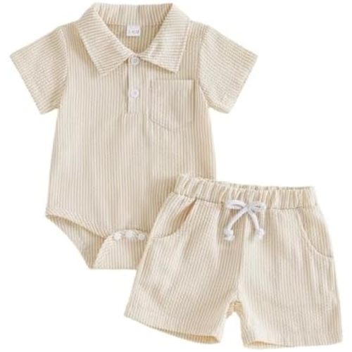 Newborn Infant Baby Boy Summer Outfits Seersucker/Gingham Short Sleeve Button Collared Romper Top and Shorts Set