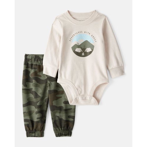 Baby Boy Camping Camo Cotton Long-Sleeve Bodysuit & Pant Set - Green/Beige | Carter's