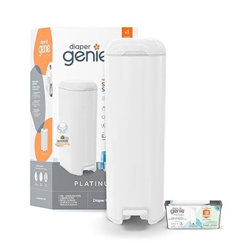 Diaper Genie Platinum Pail (Lily White) is Made in Durable Stainless Steel and Includes 1 Easy Roll Refill with 18 Bags That can Last up to 5 Months.