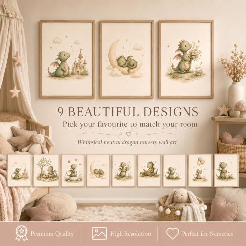 Cute Baby Dragon Nursery Wall Art Set of 9, Whimsical Dragon Printable, Boho Neutral Nursery Decor, Storybook Dragon Print, Instant Download