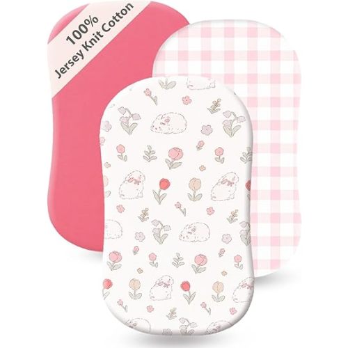 3 Pack Cotton Bassinet Sheets - 30"x18" for Halo BassiNest, 4moms MamaRoo, Chicco LullaGlide and Other Small Size Bassinet, Ultra Soft & Skin Friendly Bassinet Fitted Sheets, Pink Flower
