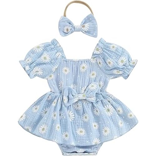 Baby Girls Daisy Romper Bowknot Bodysuit+Headband Short Sleeve Playsuits Floral Jumpsuit Infant Summer Clothes