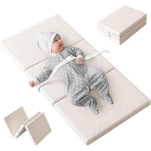 YACODAVO Foldable Baby Changing Pad with Vegan Leather Cover, Standard Side Waterproof & Wipeable Changing Pad for Toddler, Flat Foam Travel Diaper Changing Pad for Dresser and Table, White